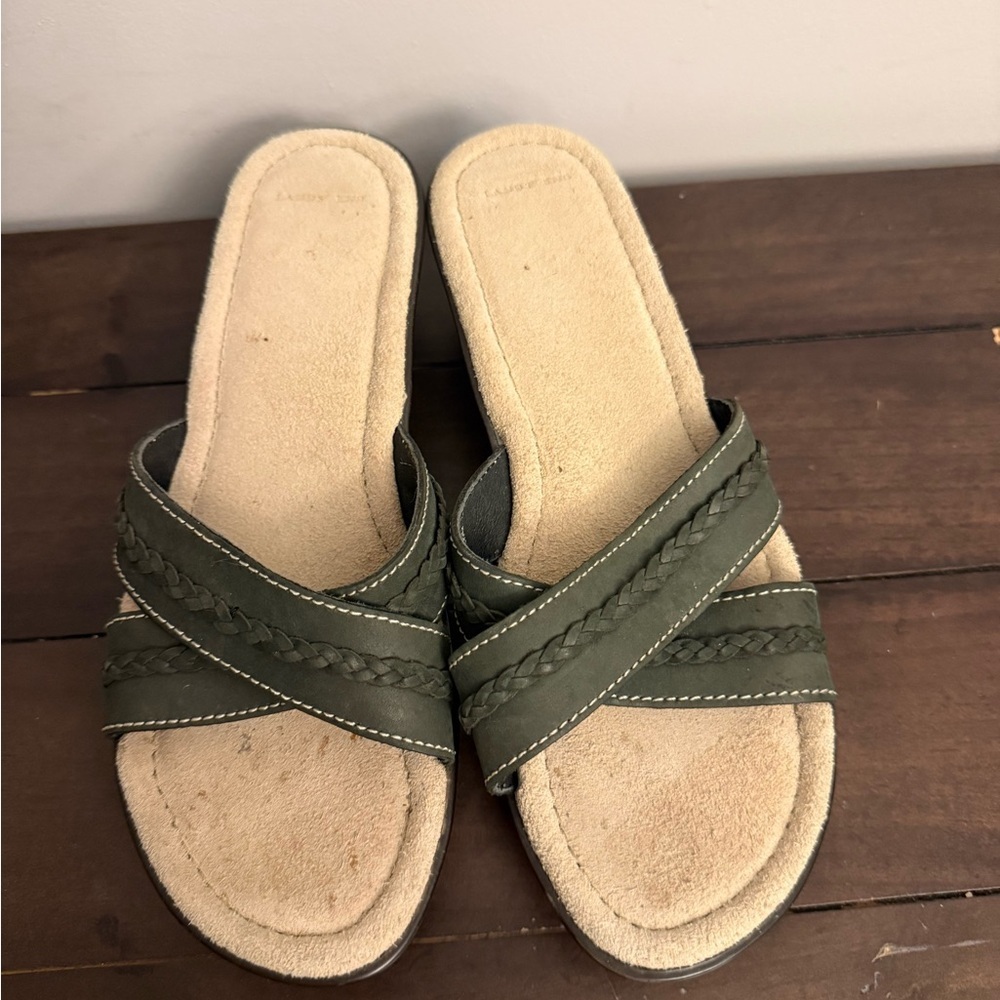 Lands End Leather Slide Sandals Womens Size 6B Olive Green Braided Wedge Comfort